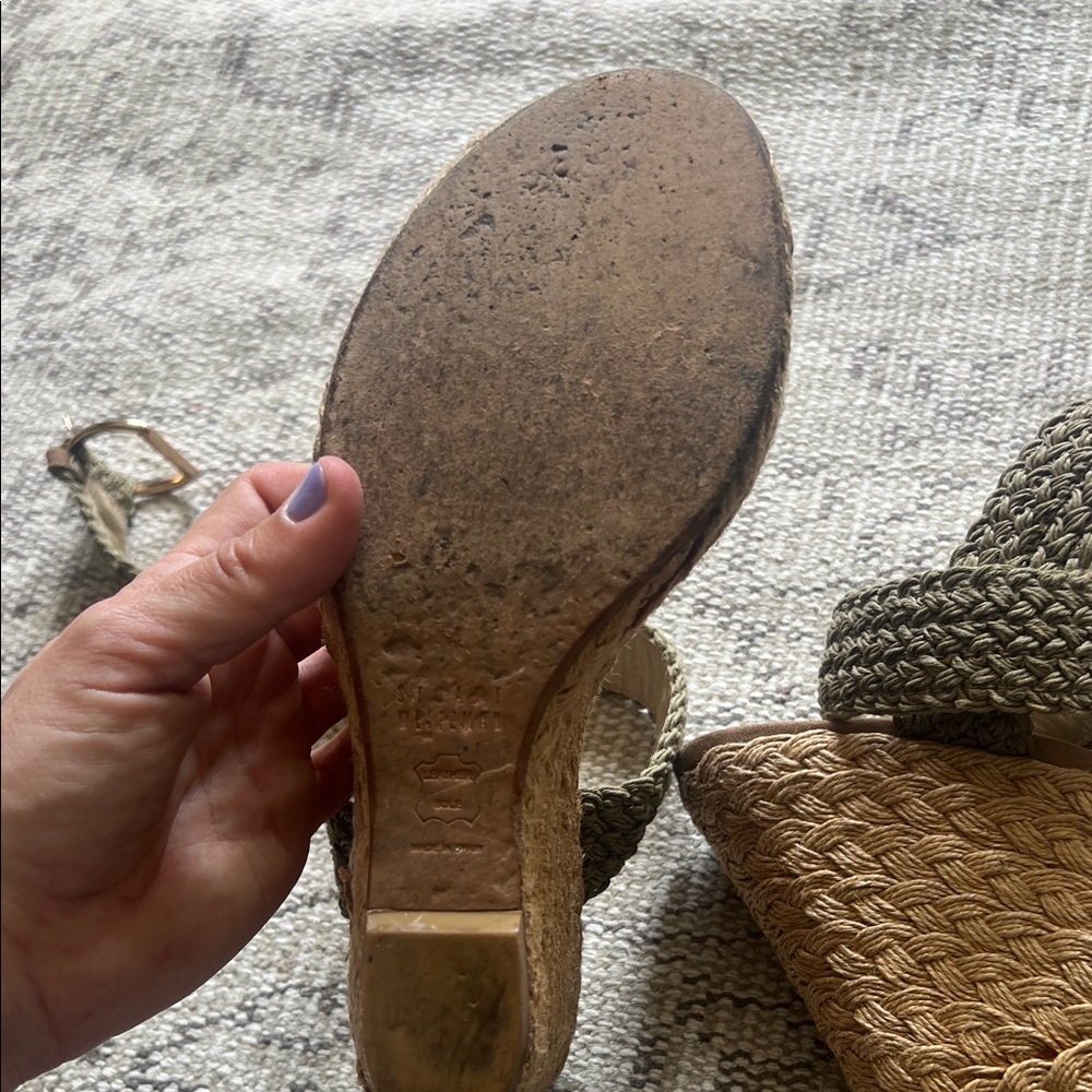 Stuart Weitzman Taupe Woven Ankle-Strap Wedge Sandals - Picture 13 of 16